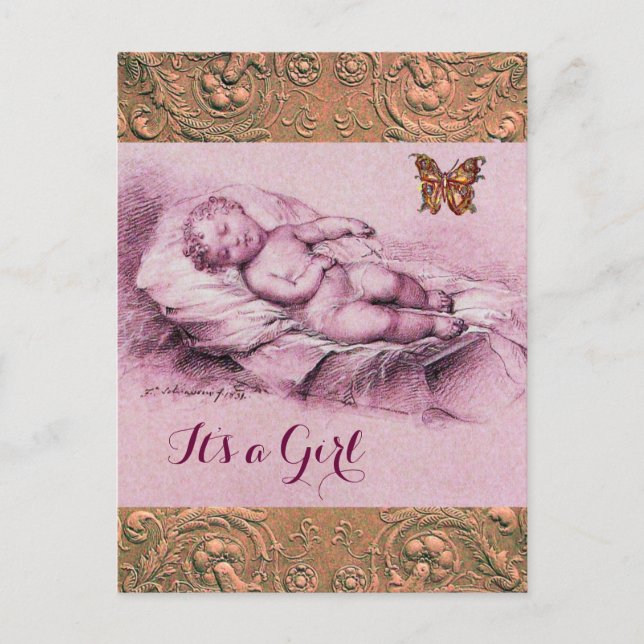 SLEEPING CHILD,BUTTERFLY,FLORAL PINK BABY SHOWER INVITATION POSTCARD (Front)