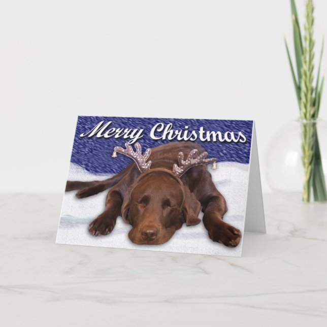 Sleeping Chocolate Lab With Antlers Photo Custom Holiday Card (Front)