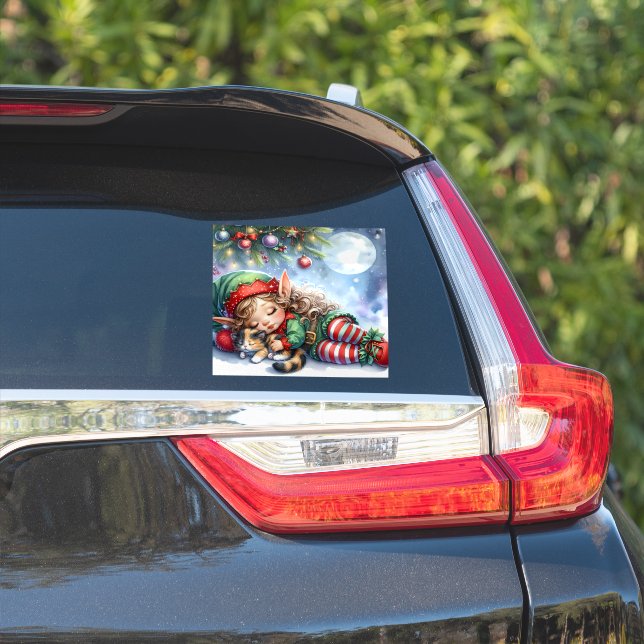 Sleeping Christmas Elf with Calico Kitten (Car Side)