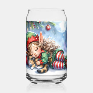 Sleeping Christmas Elf with Calico Kitten Can Glass