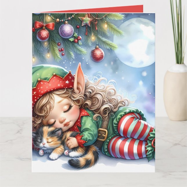 Sleeping Christmas Elf with Calico Kitten Card (Front)