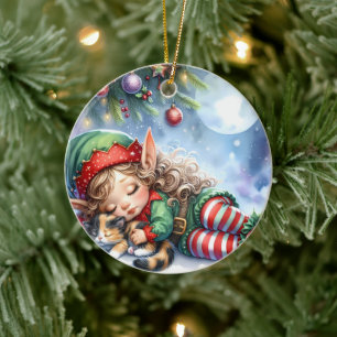 Sleeping Christmas Elf with Calico Kitten Ceramic Ornament