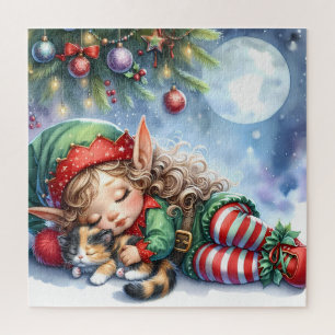 Sleeping Christmas Elf with Calico Kitten Jigsaw Puzzle