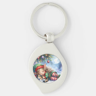 Sleeping Christmas Elf with Calico Kitten Keychain