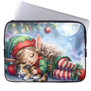 Sleeping Christmas Elf with Calico Kitten Laptop Sleeve