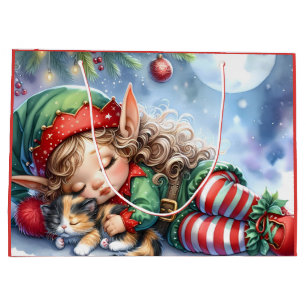 Sleeping Christmas Elf with Calico Kitten Large Gift Bag