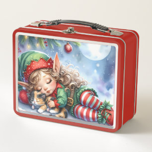 Sleeping Christmas Elf with Calico Kitten Metal Lunch Box