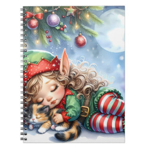 Sleeping Christmas Elf with Calico Kitten Notebook