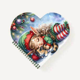 Sleeping Christmas Elf with Calico Kitten Notebook