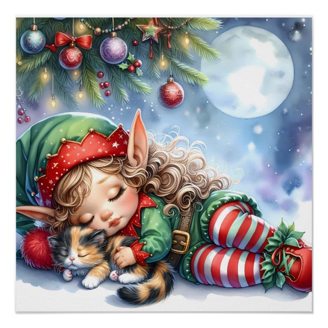 Sleeping Christmas Elf with Calico Kitten Poster (Front)