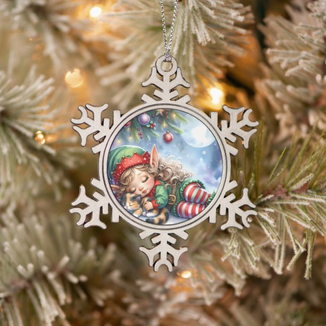 Sleeping Christmas Elf with Calico Kitten Snowflake Pewter Christmas Ornament (Tree)