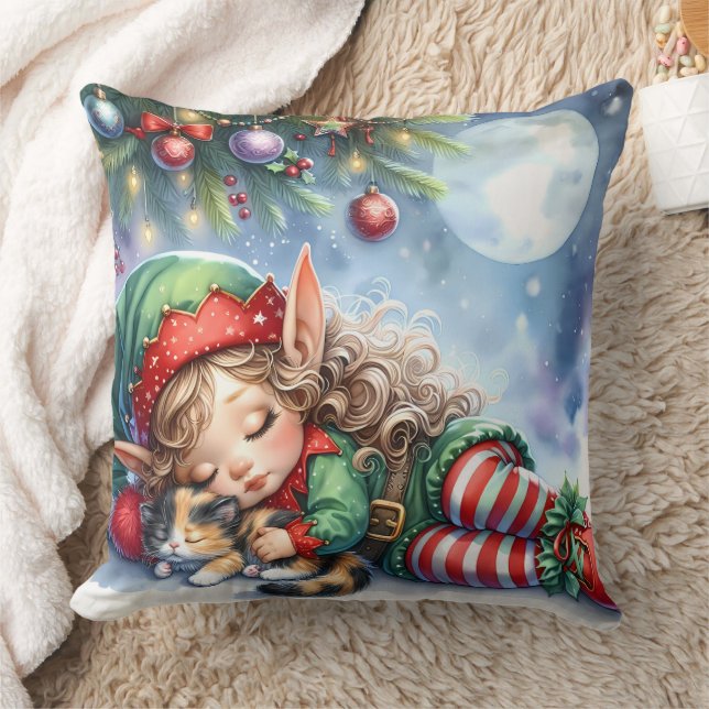 Sleeping Christmas Elf with Calico Kitten Throw Pillow (Blanket)