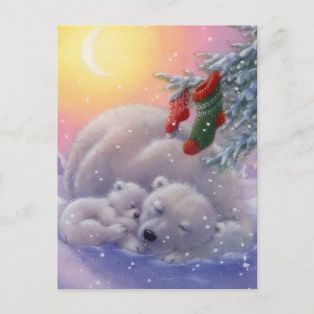 Sleeping Christmas Polar Bears Holiday Postcard (Front)