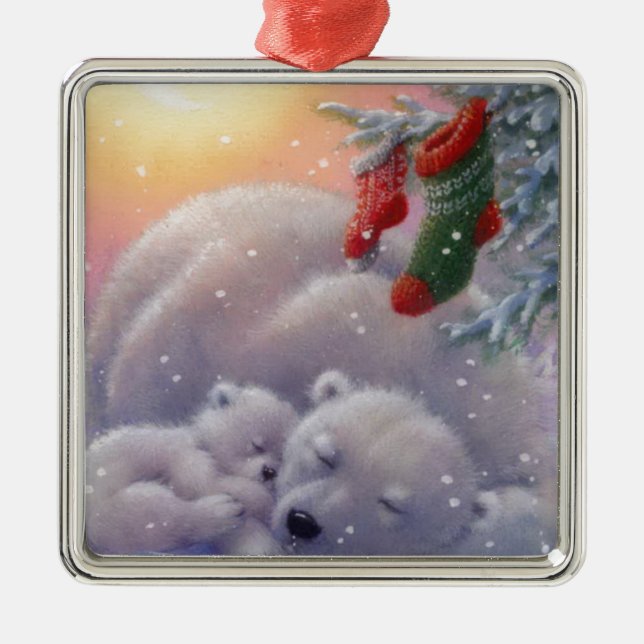 Sleeping Christmas Polar Bears Metal Ornament (Front)