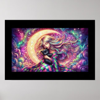 Sleeping Crescent Moon Girl With Black Cat Poster