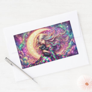 Sleeping Crescent Moon Girl With Black Cat Sticker