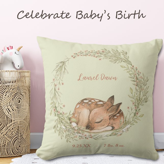 Sleeping Deer Fawn Spring Leaf Wreath  Throw Pillow (Creator Uploaded)
