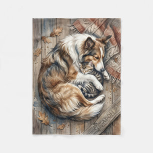 Sleeping Dog And Cat Cuddling Cozy Wood Background Fleece Blanket