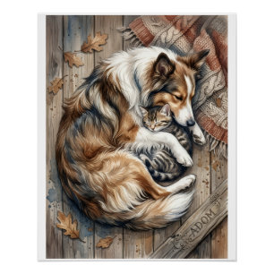 Sleeping Dog And Cat Cuddling Cozy Wood Background Poster