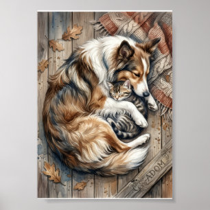 Sleeping Dog And Cat Cuddling Cozy Wood Background Poster