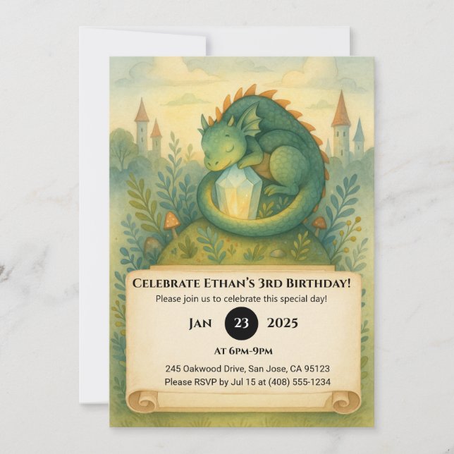 Sleeping Dragon with Crystal in Fairytale Birthday Invitation (Front)