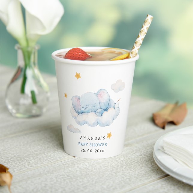 Sleeping Elephant Baby Shower, Boy Baby Shower Paper Cups (Insitu)