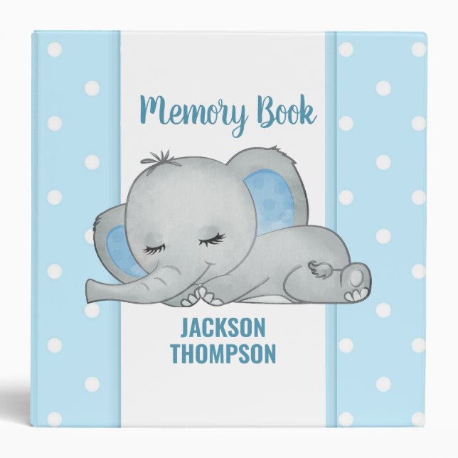 Sleeping Elephant Blue Hearts Boy Memory Book   Binder (Front)