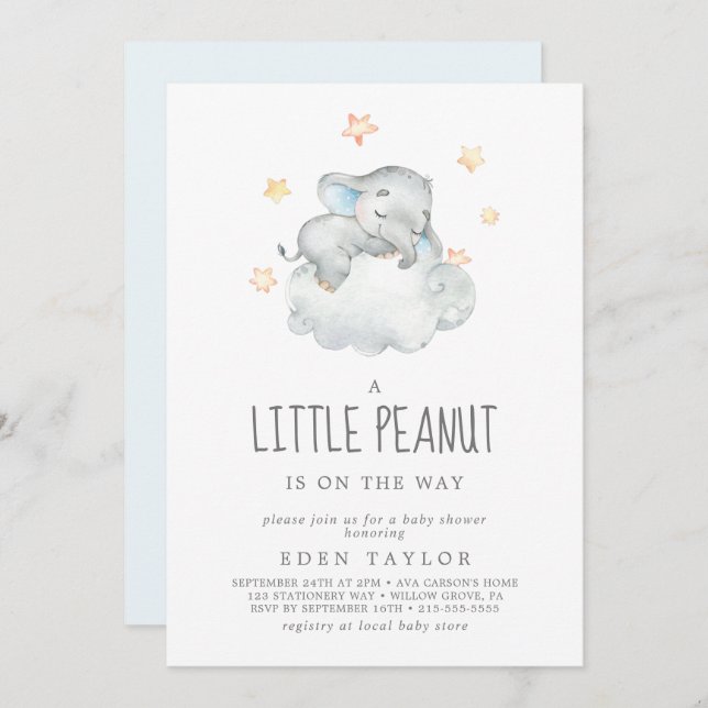 Sleeping Elephant Boy Little Peanut Baby Shower Invitation (Front/Back)