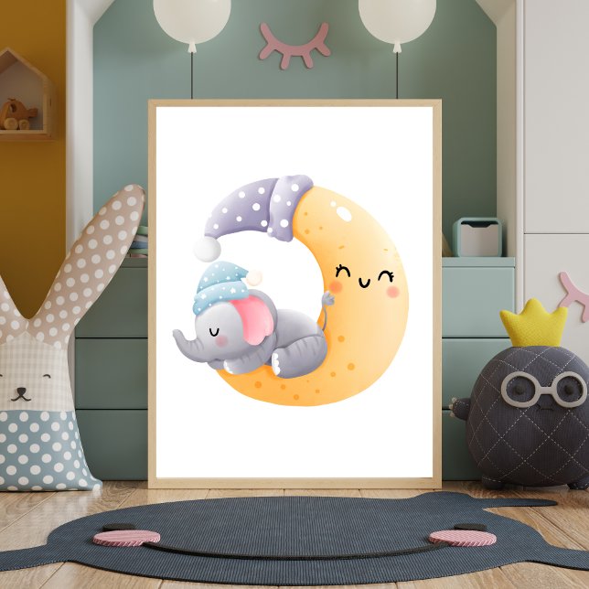 Sleeping Elephant in Moon Nursery Decor Poster (Elephant Sleeping in Moon Nursery Wall Art Decor Poster. Baby shower gift, baby gift)