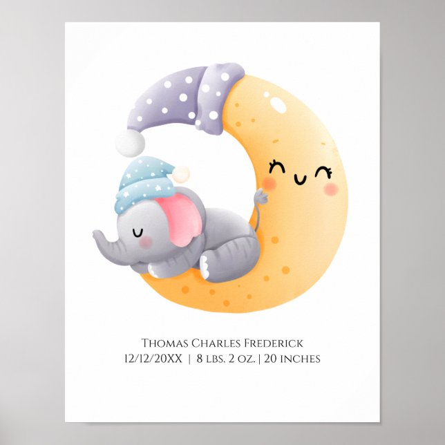 Sleeping Elephant in Moon Personalized Birth Stats Poster (Front)