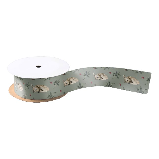Sleeping Fawn and Winter Flora Sage  Satin Ribbon (Spool)