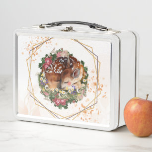 Sleeping Fawn, Brown Animal Floral Metal Lunch Box
