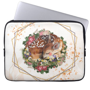 Sleeping Fawn, Stylized Brown Animal Illustration Laptop Sleeve