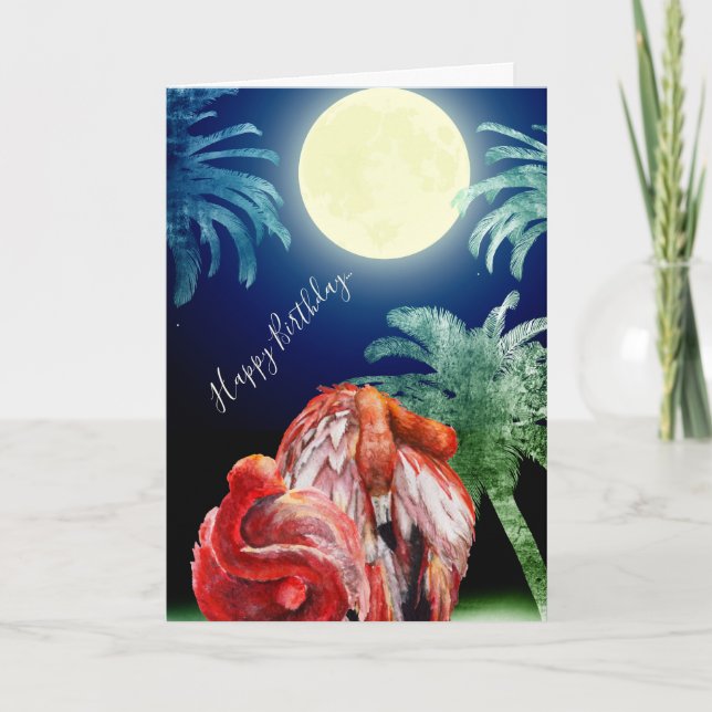 Sleeping Flamingos and Full Moon Tropical Birthday Card (Front)