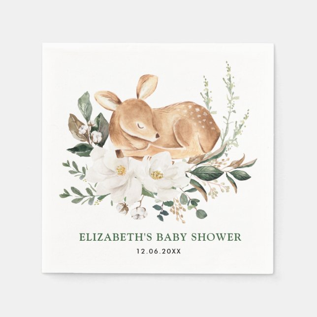 Sleeping Forest Deer White Floral Greenery Fawn Napkin (Front)