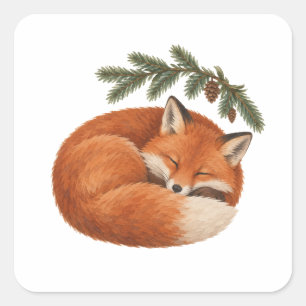 Sleeping Fox and Fir Branch Square Sticker