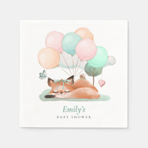 Sleeping Fox Balloons Name Teal Baby Shower Napkin
