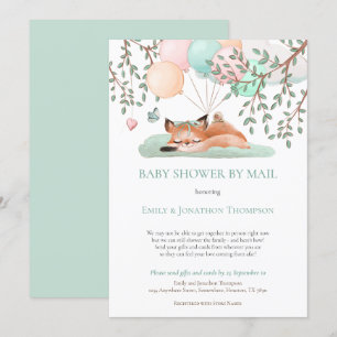 Sleeping Fox Balloons Teal Baby Shower By Mail Invitation
