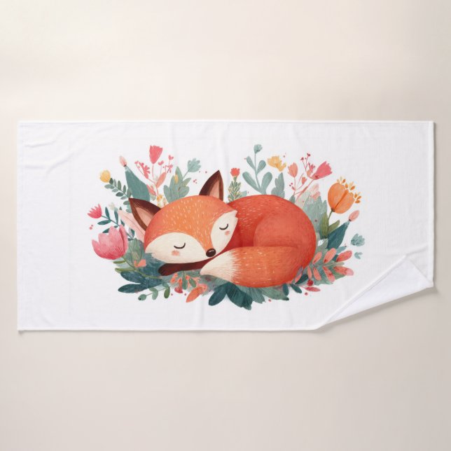 Sleeping Fox Floral Cute Illustration Bath Towel (Bath Towel)