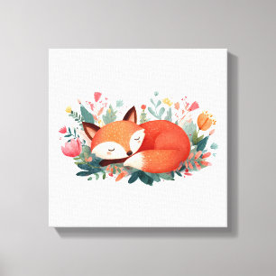 Sleeping Fox Floral Cute Illustration Canvas Print