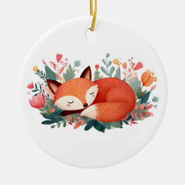Sleeping Fox Floral Cute Illustration Ceramic Ornament (Front)