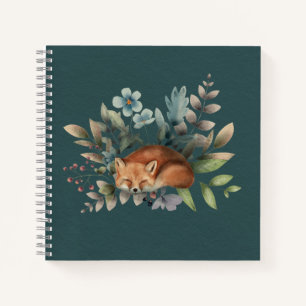 Sleeping Fox Flowers Leaves Dark Green Background Notebook