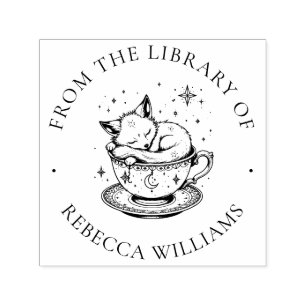 Sleeping Fox in Magical Teacup Bookplate Library Self-inking Stamp