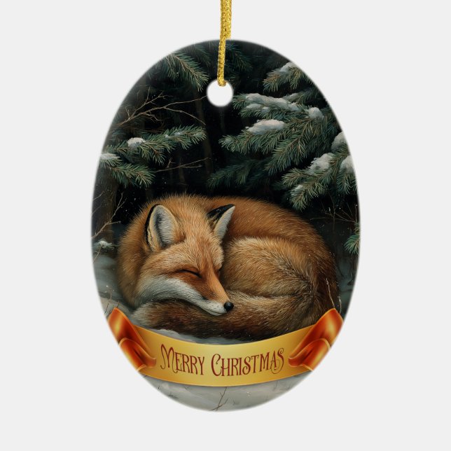 Sleeping Fox in Winter Forest Ceramic Ornament (Front)