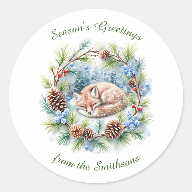 Sleeping Fox in Winter Wreath Holiday Classic Round Sticker (Front)