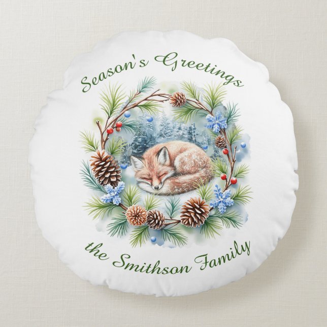 Sleeping Fox in Winter Wreath Holiday Round Pillow (Front)