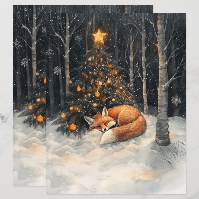 Sleeping Fox Rustic Christmas Scrapbook Paper (Front/Back)