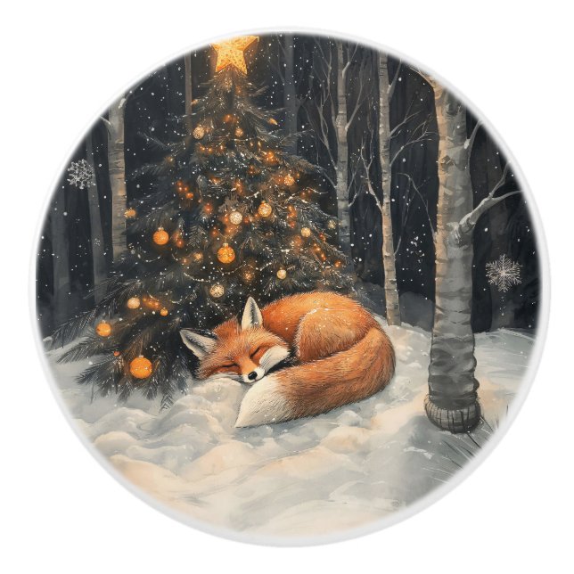 Sleeping Fox Whimsical Rustic Christmas Ceramic Knob (Front)