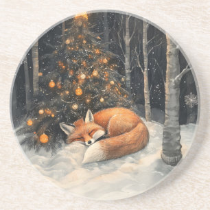 Sleeping Fox Whimsical Rustic Christmas Coaster