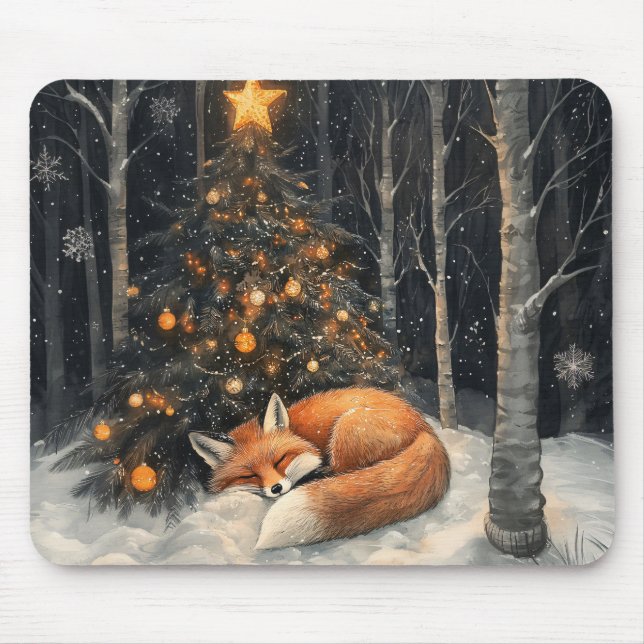 Sleeping Fox Whimsical Rustic Christmas Mouse Pad (Front)